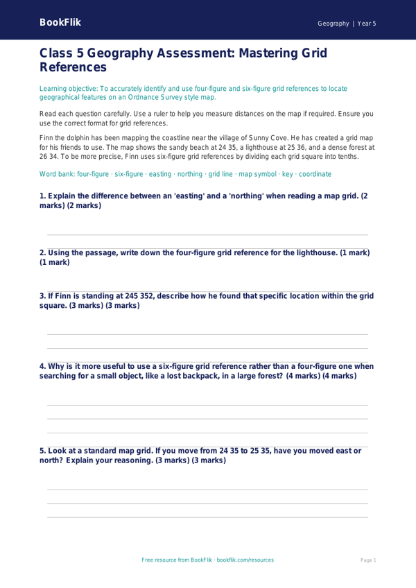 Free Grid References Assessment | Class 5 | Geography | BookFlik worksheet preview — Geography Grid References