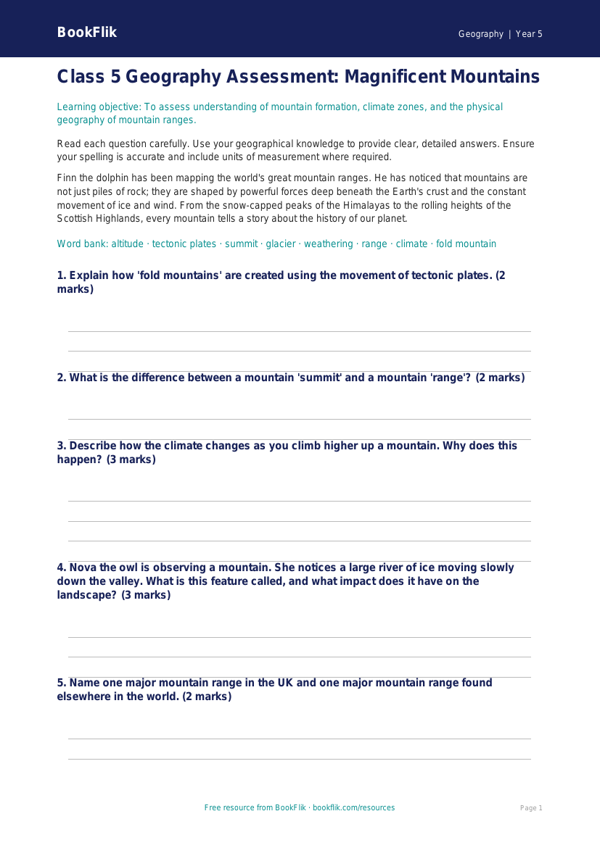 Free Mountains Assessment | Class 5 | Geography | BookFlik worksheet preview — Geography Mountains
