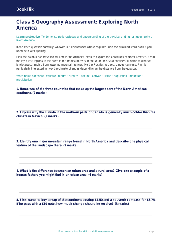 North America Assessment Class 5 | Geography Worksheet | BookFlik worksheet preview — Geography North America