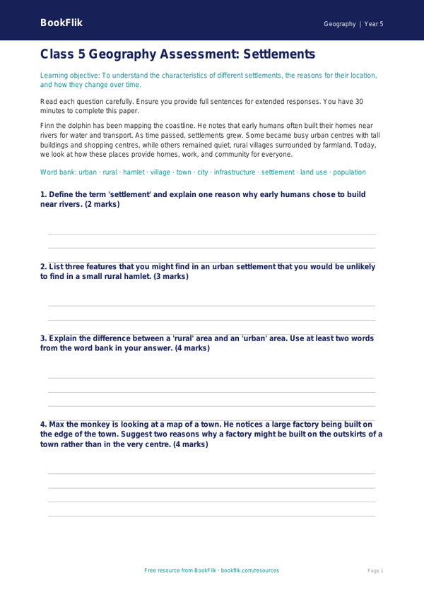 Free Settlements Assessment | Class 5 | Geography | BookFlik worksheet preview — Geography Settlements