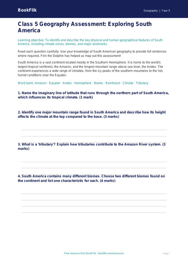 Free South America Assessment | Class 5 | Geography | BookFlik worksheet preview — Geography South America