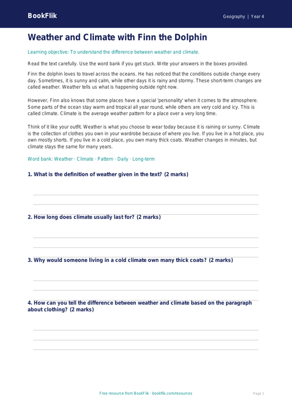 Free Weather And Climate Comprehension | Class 4 | Geography | BookFlik worksheet preview — Geography Weather And Climate