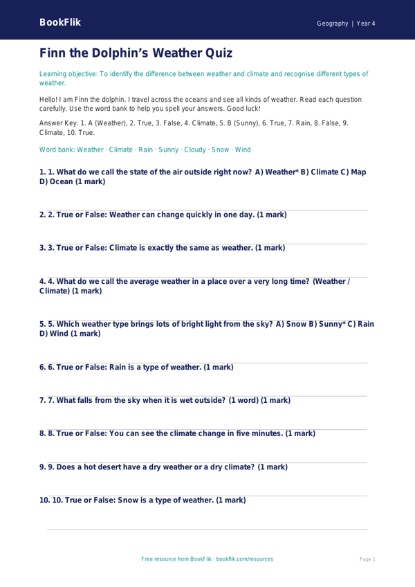 Free Weather And Climate Quiz | Class 4 | Geography | BookFlik worksheet preview — Geography Weather And Climate
