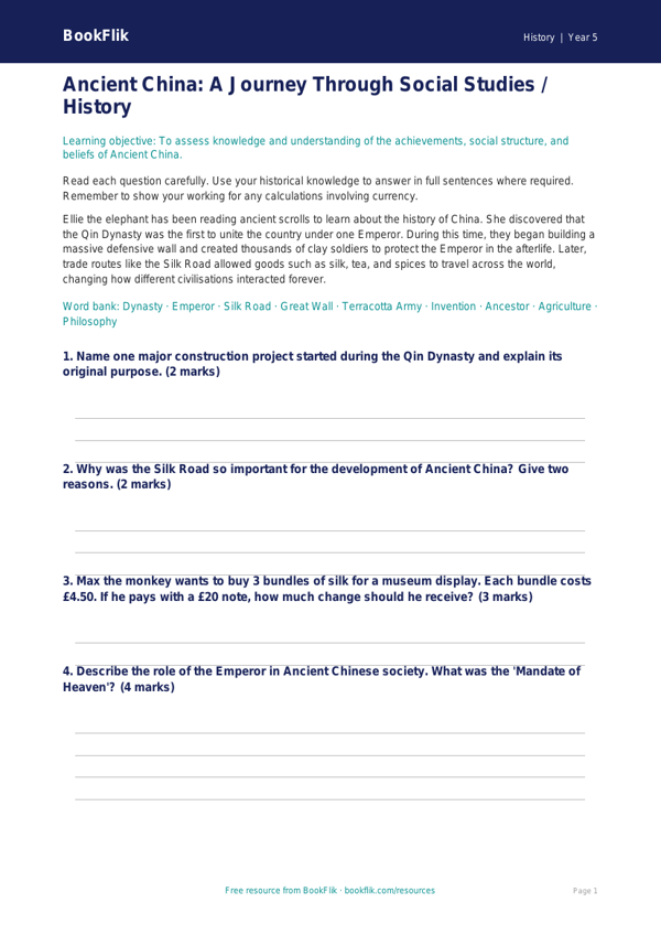 Free Ancient China Assessment | Class 5 | Social Studies / History | BookFlik worksheet preview — History Ancient China