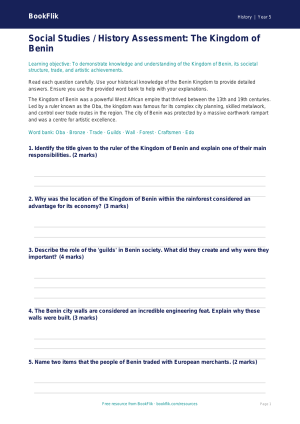 Free Benin Kingdom Assessment | Class 5 | Social Studies / History | BookFlik worksheet preview — History Benin Kingdom