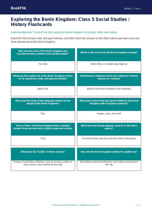 Free Benin Kingdom Flashcards | Class 5 | Social Studies / History | BookFlik worksheet preview — History Benin Kingdom