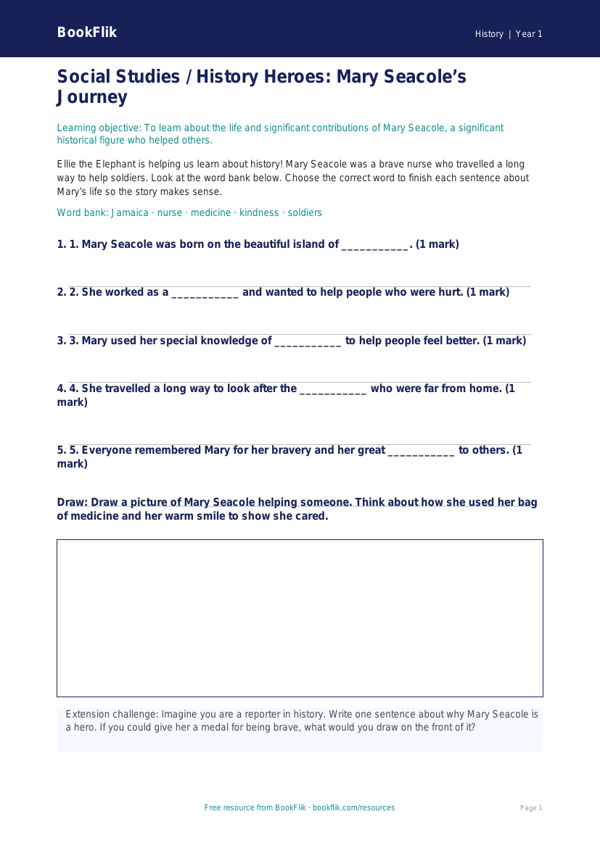 Free Black History Activity Sheet | Class 1 | Social Studies / History | BookFlik worksheet preview — History Black History