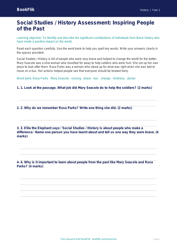 Free Black History Assessment | Class 1 | Social Studies / History | BookFlik worksheet preview — History Black History