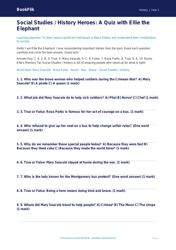 Free Black History Quiz | Class 1 | Social Studies / History | BookFlik worksheet preview — History Black History