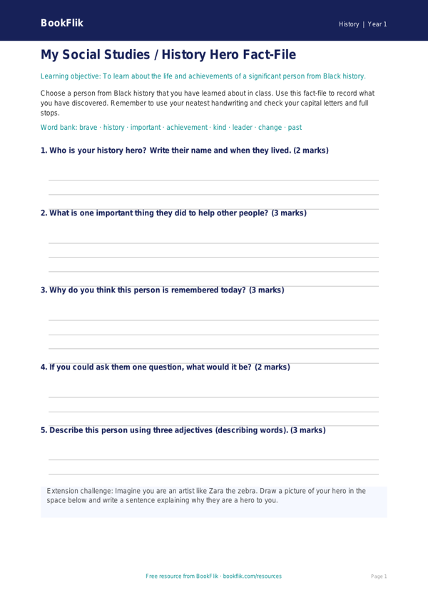 Free Black History Template | Class 1 | Social Studies / History | BookFlik worksheet preview — History Black History