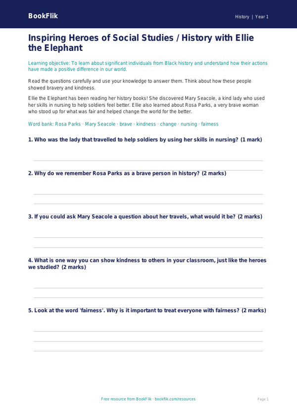Free Black History Worksheet | Class 1 | Social Studies / History | BookFlik worksheet preview — History Black History