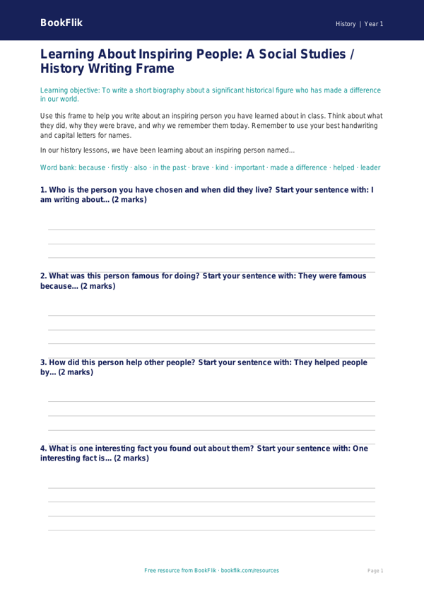 Free Black History Writing Frame | Class 1 | Social Studies / History | BookFlik worksheet preview — History Black History
