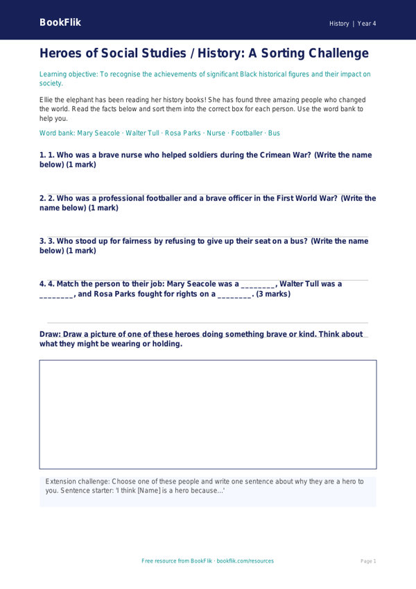 Free Black History Activity Sheet | Class 4 | Social Studies / History | BookFlik worksheet preview — History Black History