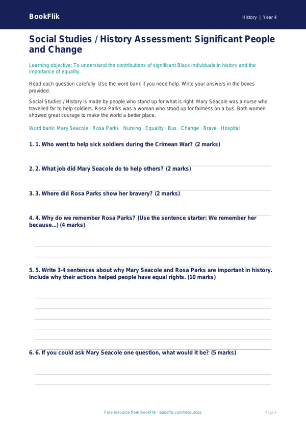 Free Black History Assessment | Class 4 | Social Studies / History | BookFlik worksheet preview — History Black History