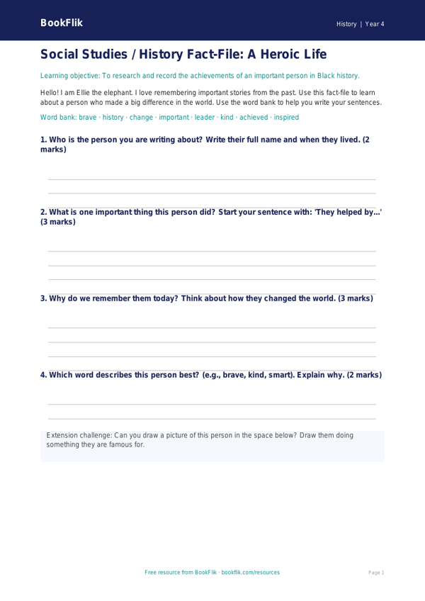 Black History Template for Class 4 | CBSE Social Studies | BookFlik worksheet preview — History Black History