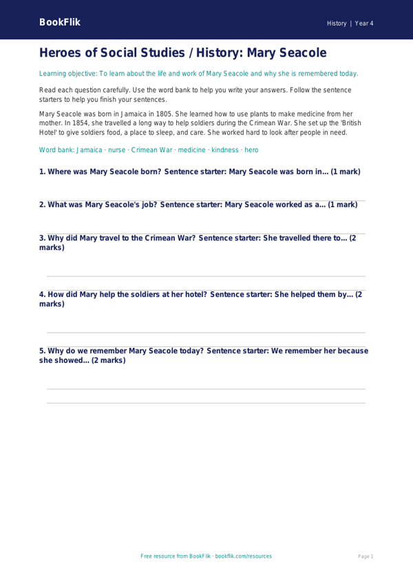 Free Black History Worksheet | Class 4 | Social Studies / History | BookFlik worksheet preview — History Black History