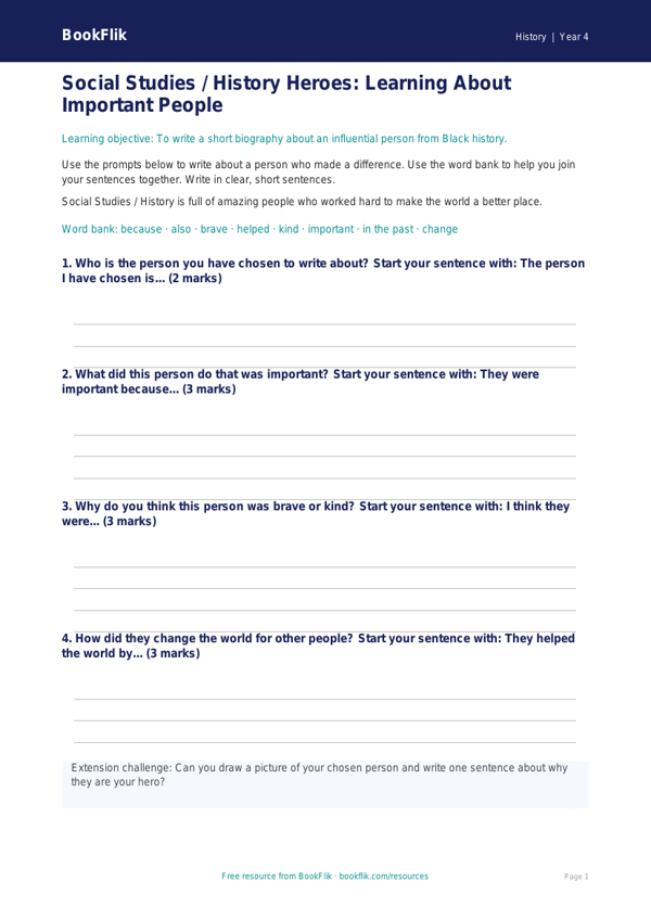 Free Black History Writing Frame | Class 4 | Social Studies / History | BookFlik worksheet preview — History Black History