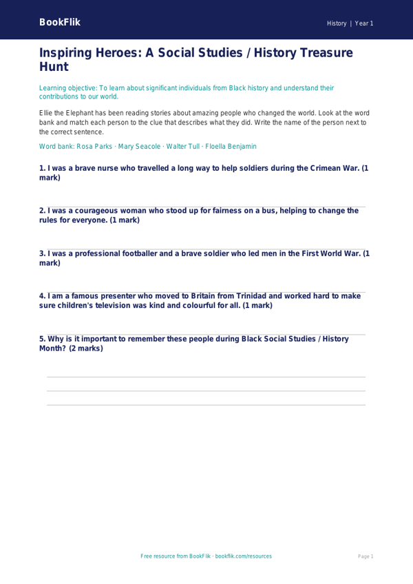 Free Black History Month Activity Sheet | Class 1 | Social Studies / History | BookFlik worksheet preview — History Black History Month