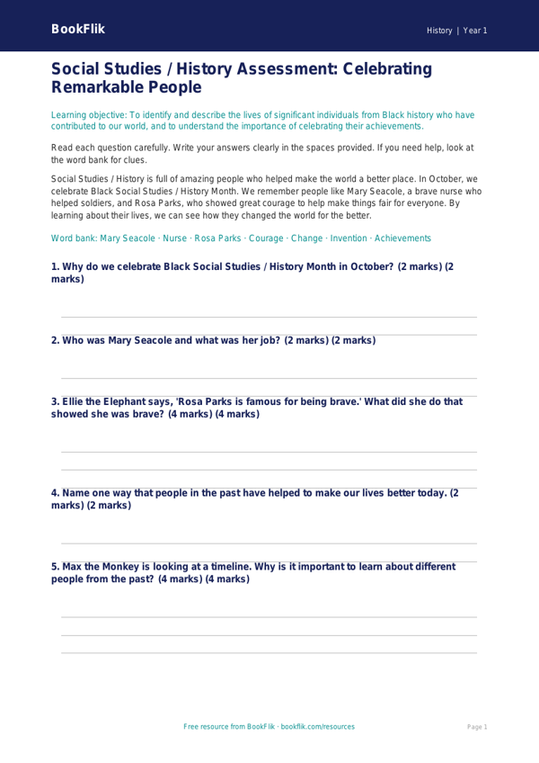 Free Black History Month Assessment | Class 1 | Social Studies / History | BookFlik worksheet preview — History Black History Month