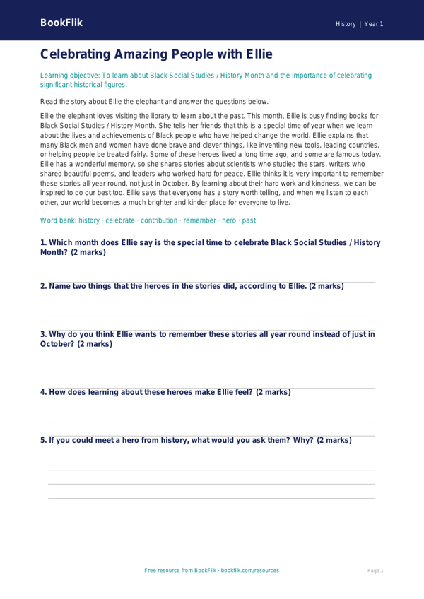 Free Black History Month Comprehension | Class 1 | Social Studies / History | BookFlik worksheet preview — History Black History Month