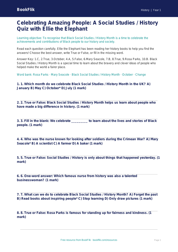 Free Black History Month Quiz | Class 1 | Social Studies / History | BookFlik worksheet preview — History Black History Month
