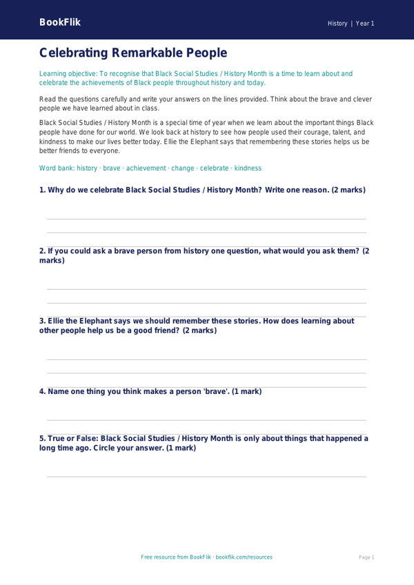 Free Black History Month Worksheet | Class 1 | Social Studies / History | BookFlik worksheet preview — History Black History Month