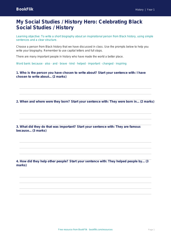 Free Black History Month Writing Frame | Class 1 | Social Studies / History | BookFlik worksheet preview — History Black History Month