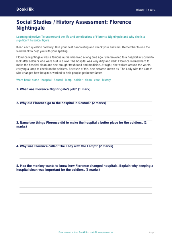 Free Florence Nightingale Assessment | Class 1 | Social Studies / History | BookFlik worksheet preview — History Florence Nightingale