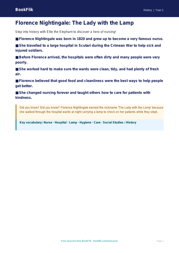 Free Florence Nightingale Poster | Class 1 | Social Studies / History | BookFlik worksheet preview — History Florence Nightingale