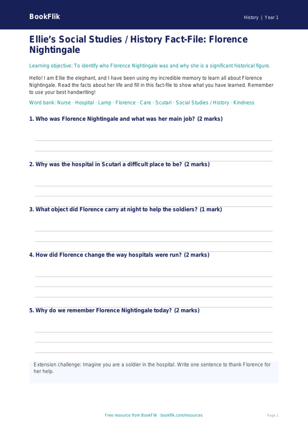 Florence Nightingale Lesson for Class 1 | CBSE Social Studies | BookFlik worksheet preview — History Florence Nightingale