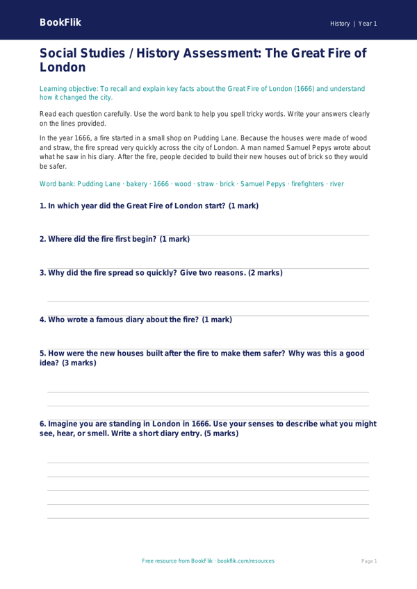 Great Fire of London Worksheet for Class 1 | CBSE History | BookFlik worksheet preview — History Great Fire Of London