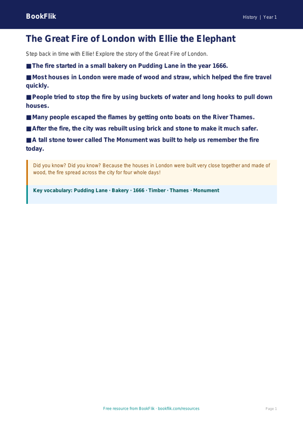 Great Fire of London Facts for Kids | Class 1 History | BookFlik worksheet preview — History Great Fire Of London