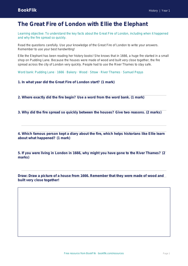 Free Great Fire Of London Worksheet | Class 1 | Social Studies / History | BookFlik worksheet preview — History Great Fire Of London