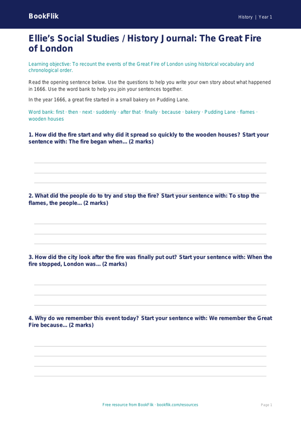 Great Fire of London Writing Frame for Class 1 | CBSE History | BookFlik worksheet preview — History Great Fire Of London