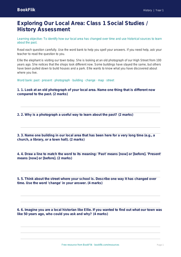 Free Local History Assessment | Class 1 | Social Studies | BookFlik worksheet preview — History Local History