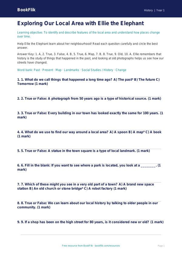Free Local History Quiz | Class 1 | Social Studies / History | BookFlik worksheet preview — History Local History
