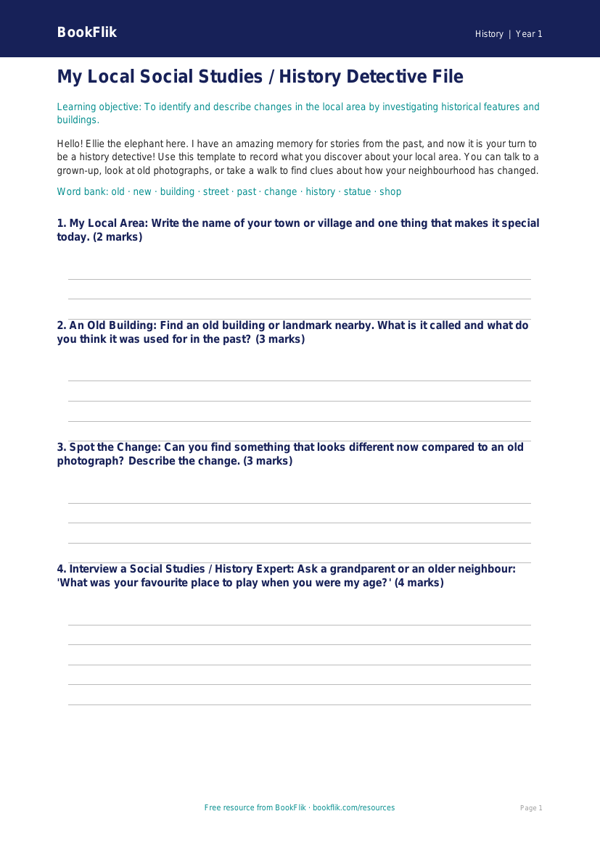 Free Local History Template | Class 1 | Social Studies / History | BookFlik worksheet preview — History Local History