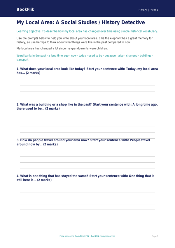 Free Local History Writing Frame | Class 1 | Social Studies / History | BookFlik worksheet preview — History Local History