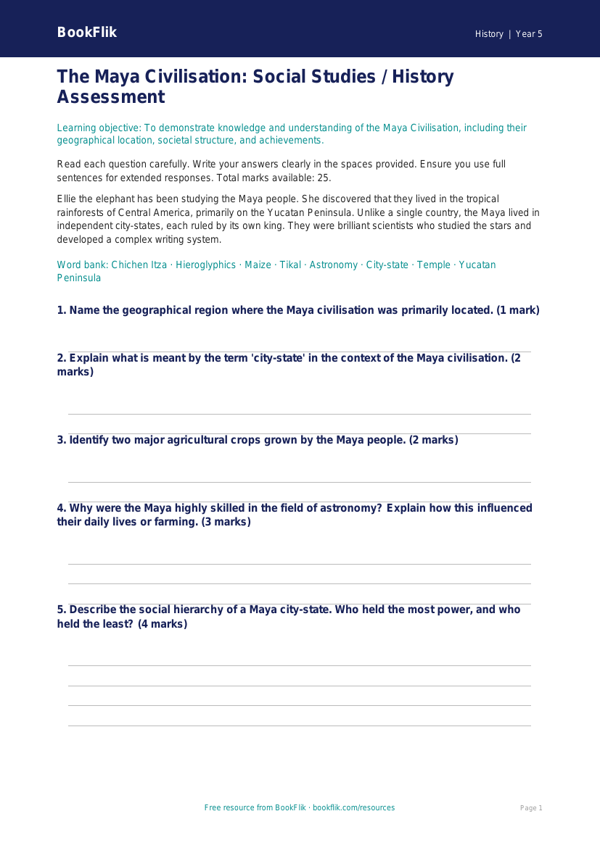 Free Maya Civilisation Assessment | Class 5 | Social Studies / History | BookFlik worksheet preview — History Maya Civilisation