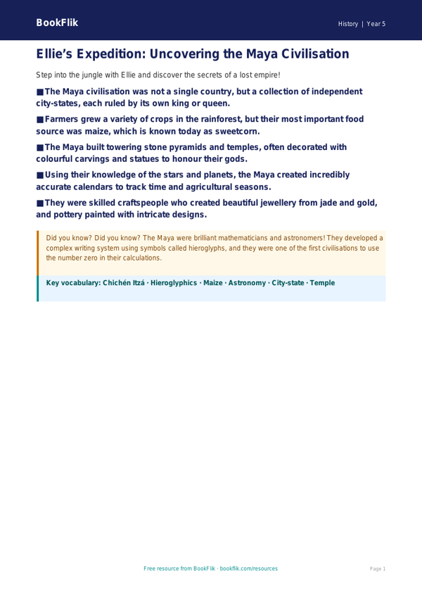 Free Maya Civilisation Poster | Class 5 | Social Studies / History | BookFlik worksheet preview — History Maya Civilisation
