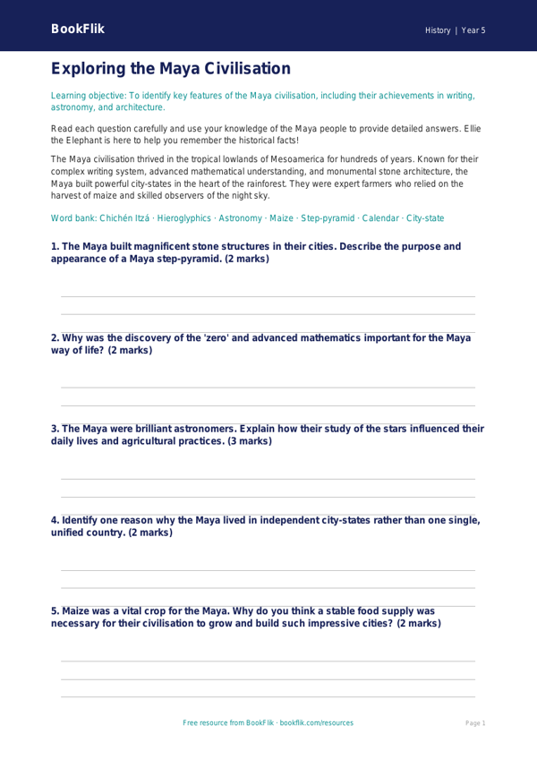 Free Maya Civilisation Worksheet | Class 5 | Social Studies / History | BookFlik worksheet preview — History Maya Civilisation