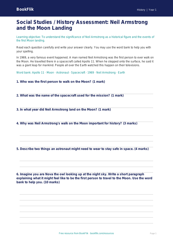 Free Neil Armstrong Assessment | Class 1 | Social Studies / History | BookFlik worksheet preview — History Neil Armstrong