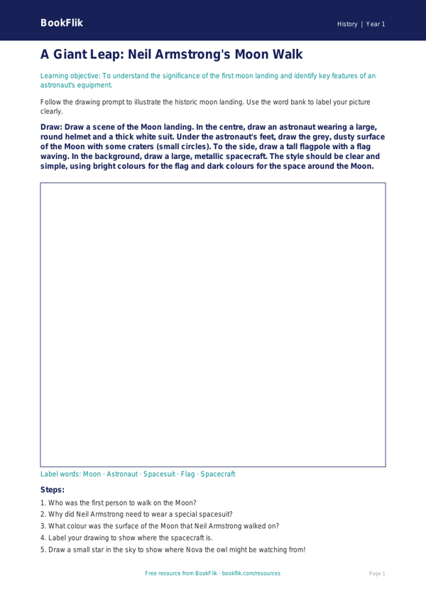 Free Neil Armstrong Drawing Sheet | Class 1 | Social Studies / History | BookFlik worksheet preview — History Neil Armstrong
