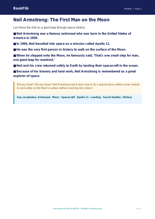 Free Neil Armstrong Poster | Class 1 | Social Studies / History | BookFlik worksheet preview — History Neil Armstrong