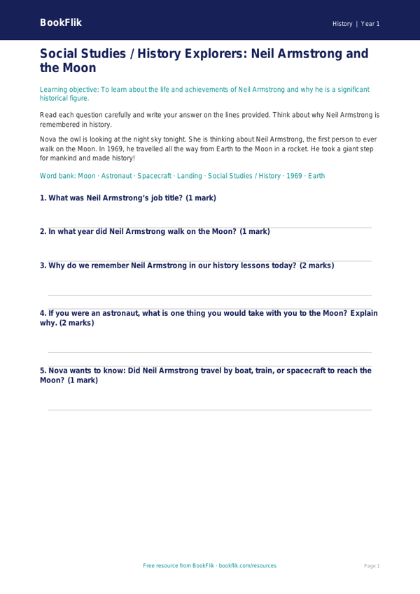 Free Neil Armstrong Worksheet | Class 1 | Social Studies / History | BookFlik worksheet preview — History Neil Armstrong