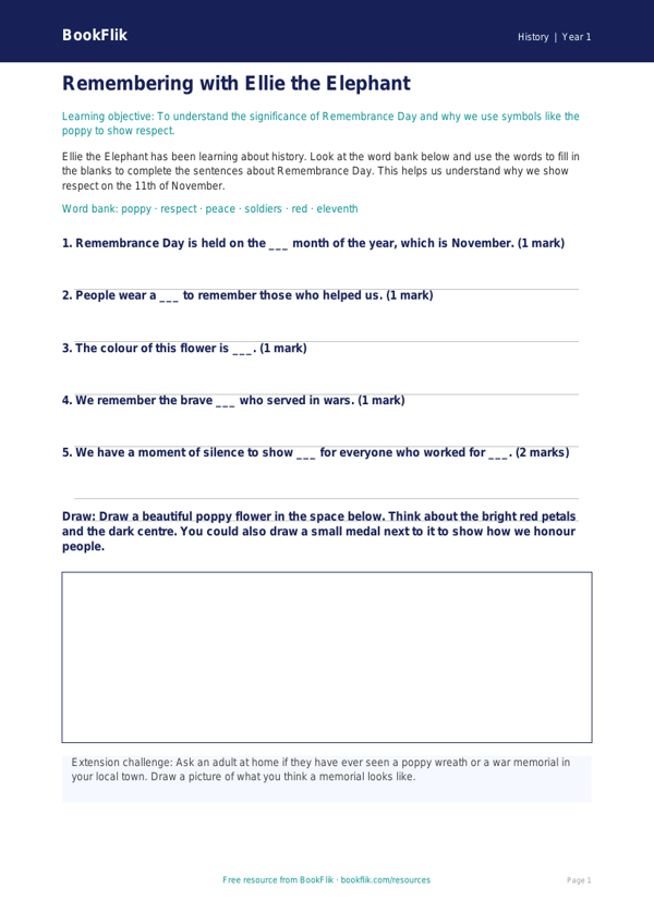 Free Remembrance Day Activity Sheet | Class 1 | Social Studies / History | BookFlik worksheet preview — History Remembrance Day