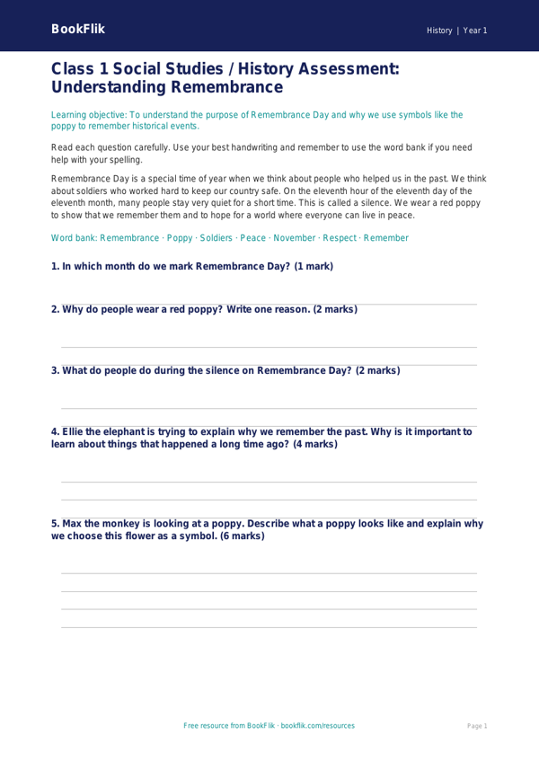 Free Remembrance Day Assessment | Class 1 | Social Studies / History | BookFlik worksheet preview — History Remembrance Day