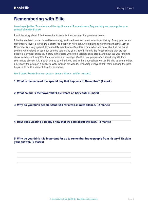 Free Remembrance Day Comprehension | Class 1 | Social Studies / History | BookFlik worksheet preview — History Remembrance Day