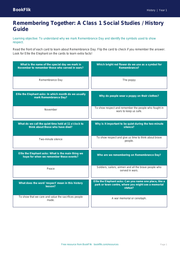 Remembrance Day Flashcards for Class 1 | CBSE Social Studies | BookFlik worksheet preview — History Remembrance Day