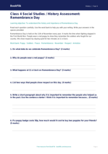 Free Remembrance Day Assessment | Class 4 | Social Studies / History | BookFlik